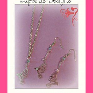 Gold Tone Hummingbird Design Dangle Earrings & Necklace Jewelry Set For Girls